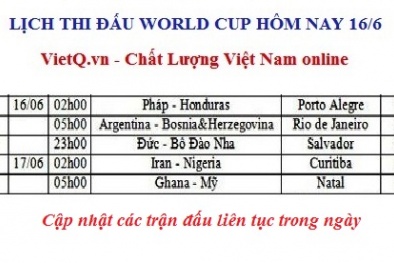 Lịch thi đấu World Cup 2014 hôm nay 16/6